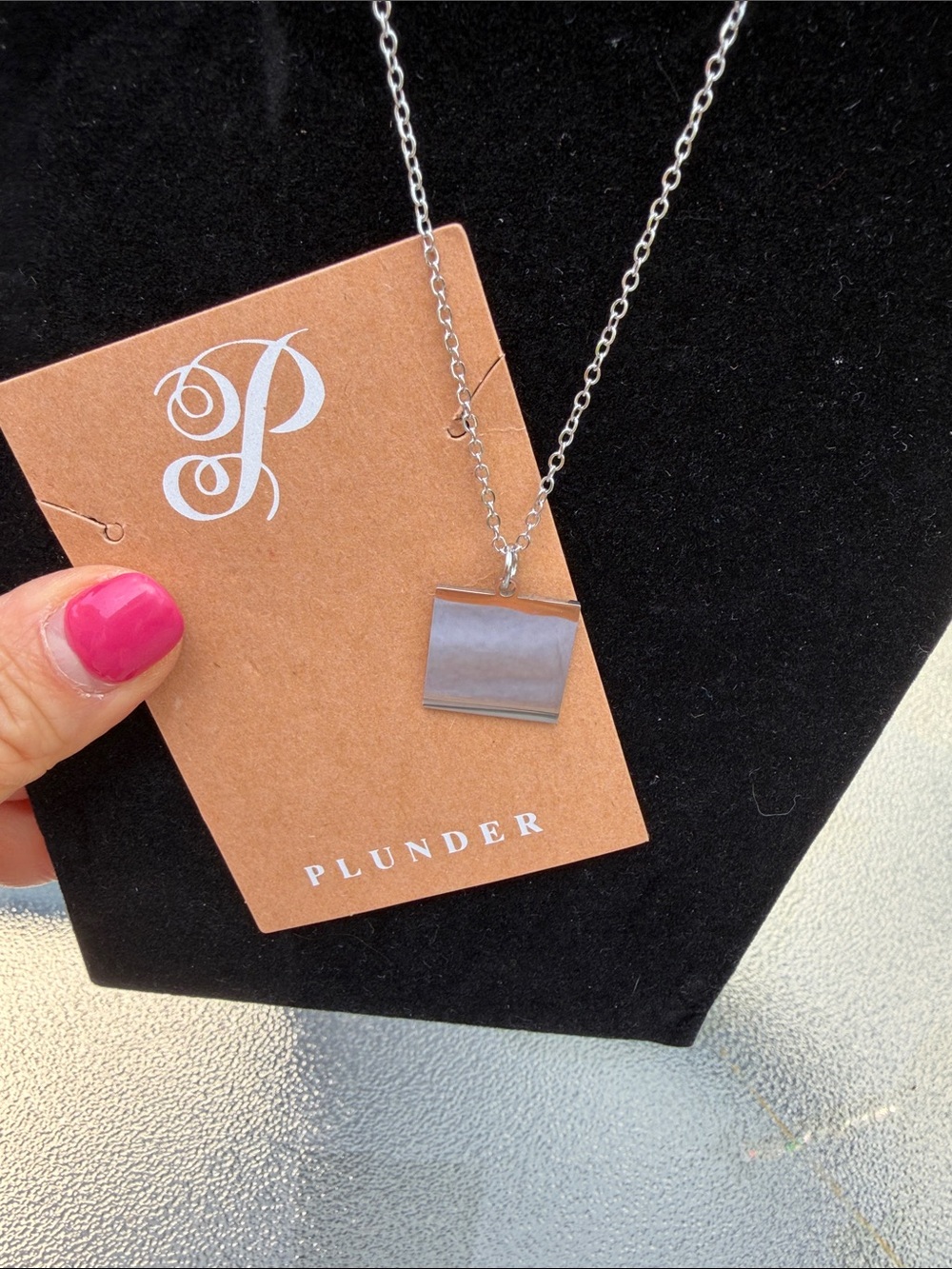 Plunder Silver Square Pendant Necklace with Pink Accent